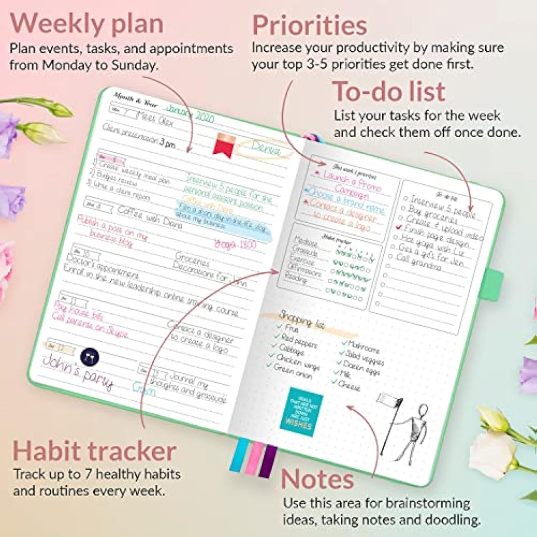 GoGirl Planner and Organizer for Women – Compact Weekly Planner, Goals Journal & Agenda to Improve Time Management & Productivity (Mint Green)