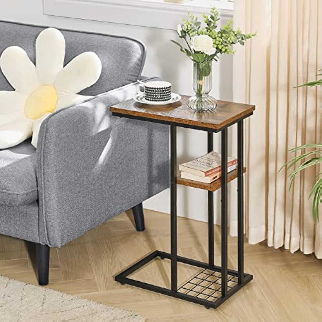 YMYNY C Shaped End Table, Snack Table, Side Table for Small Spaces, Living Room, Bedroom, Industrial, Small Table, Easy Install, 40 x 26 x 61.5CM Rustic Brown HST004H