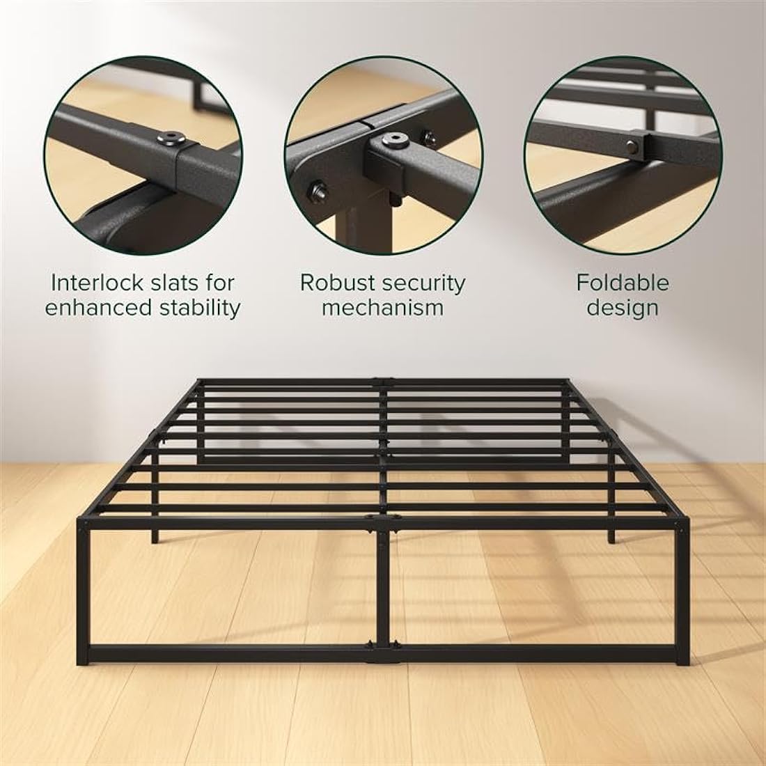 Zinus Lorelai King size Bed frame - Bed 150x200 cm - 36 cm Height with Underbed storage - Metal Platform Bed frame with Steel slat support - Black