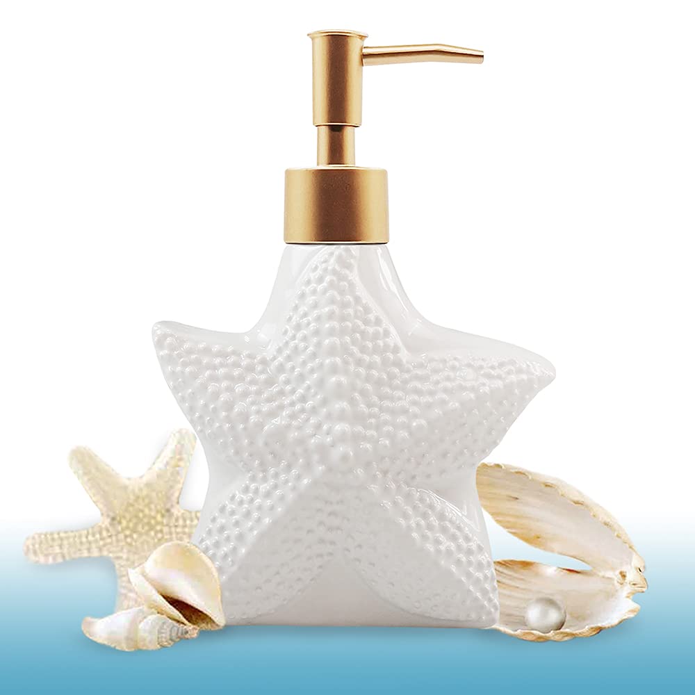 Starfish-Shaped Soap Dispenser, White Ceramic Lotion Bottle with Noble Golden Matte Pump, Ocean Themed D?cor for Kitchen Sink or Bathroom