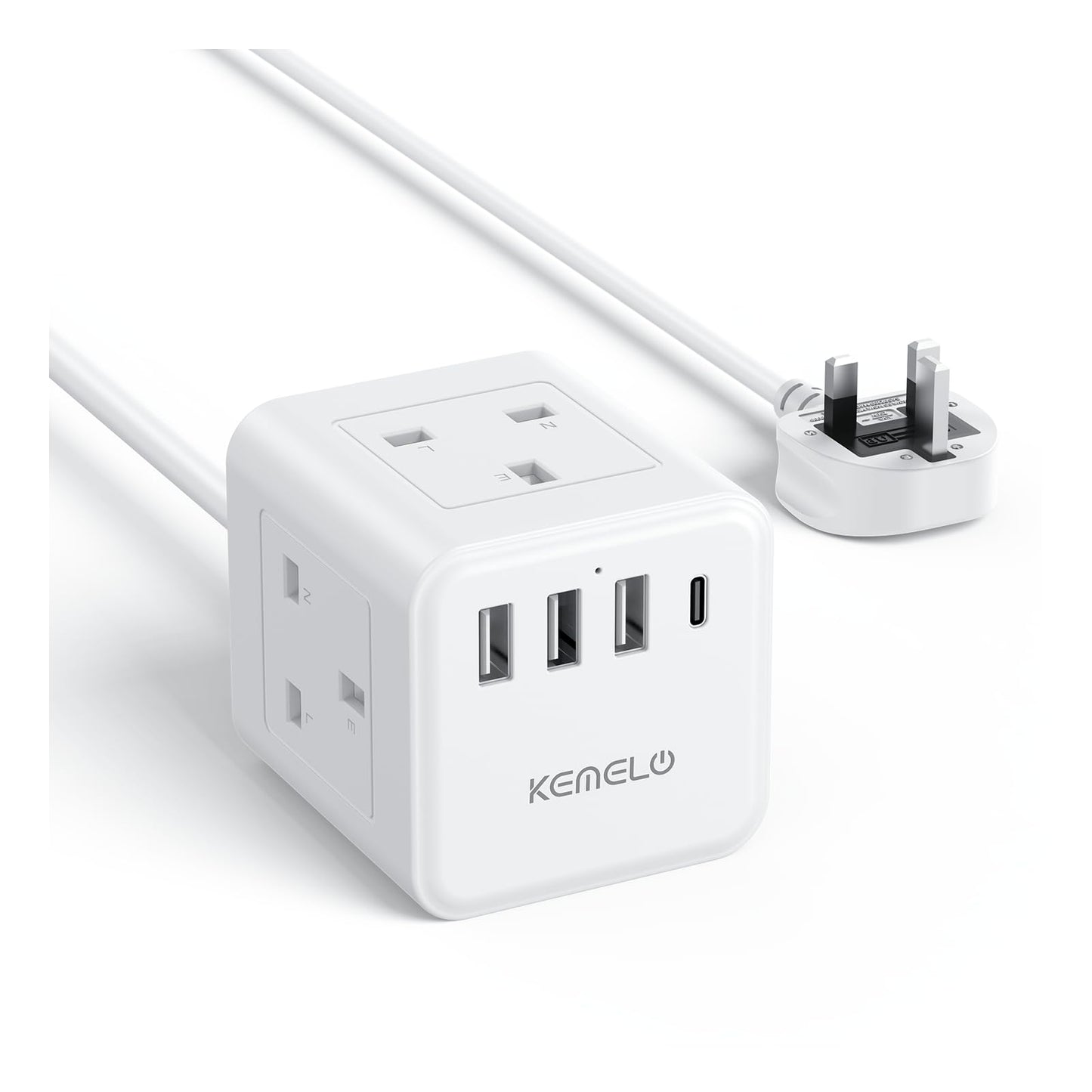 Cube Extension Lead with 4 USB Slots, Kemelo 4 Way (13A/3250W) Multi Plug Extension Cable with Child Safety UK Desktop Power Extension Socket,1.5M