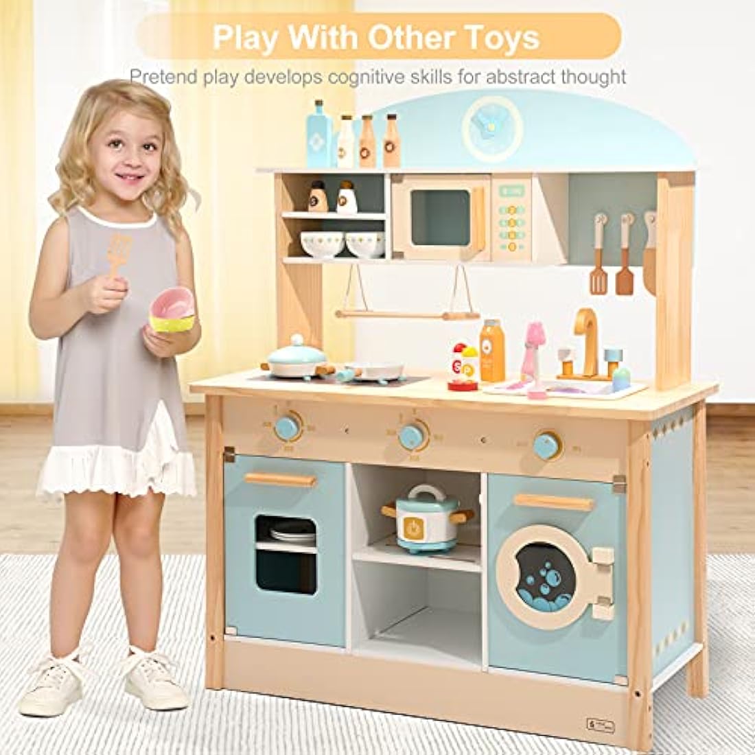 ROBUD Kids Kitchen Wooden Toys Age 3 4 5 | Play Kitchen Toy for 3 4 5 6 Year Old Girl Boy Gifts Wooden Kitchen Kids Birthday for Girls Role Play Toys 3-6 Years Old Presents
