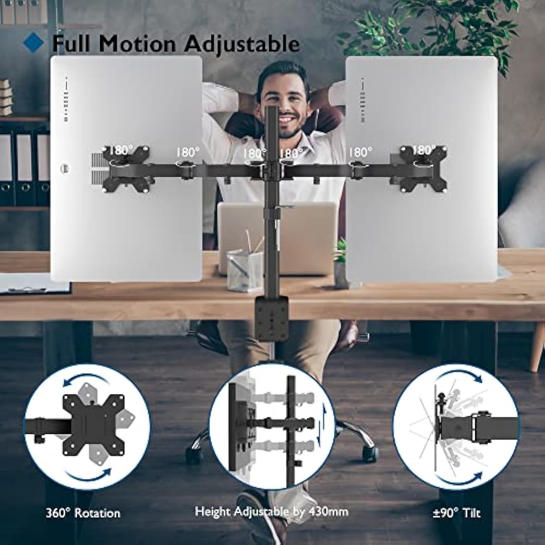 BONTEC Dual Monitor Stand, Adjustable Arm Desk Mount for 13-27 Inch Screens, VESA Mount, Full Motion Tilt & 360° Rotation, Max 10kg per Arm, Height Adjustable, Easy Install