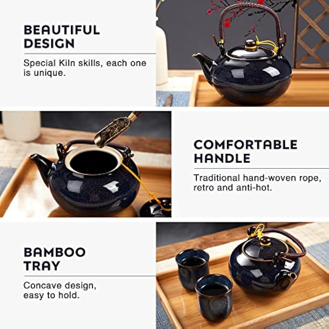 DUJUST Japanese Porcelain Tea Set for 6, Kiln Altered Glaze Teapot & Cups, Unique Adult Gift, Dark Blue