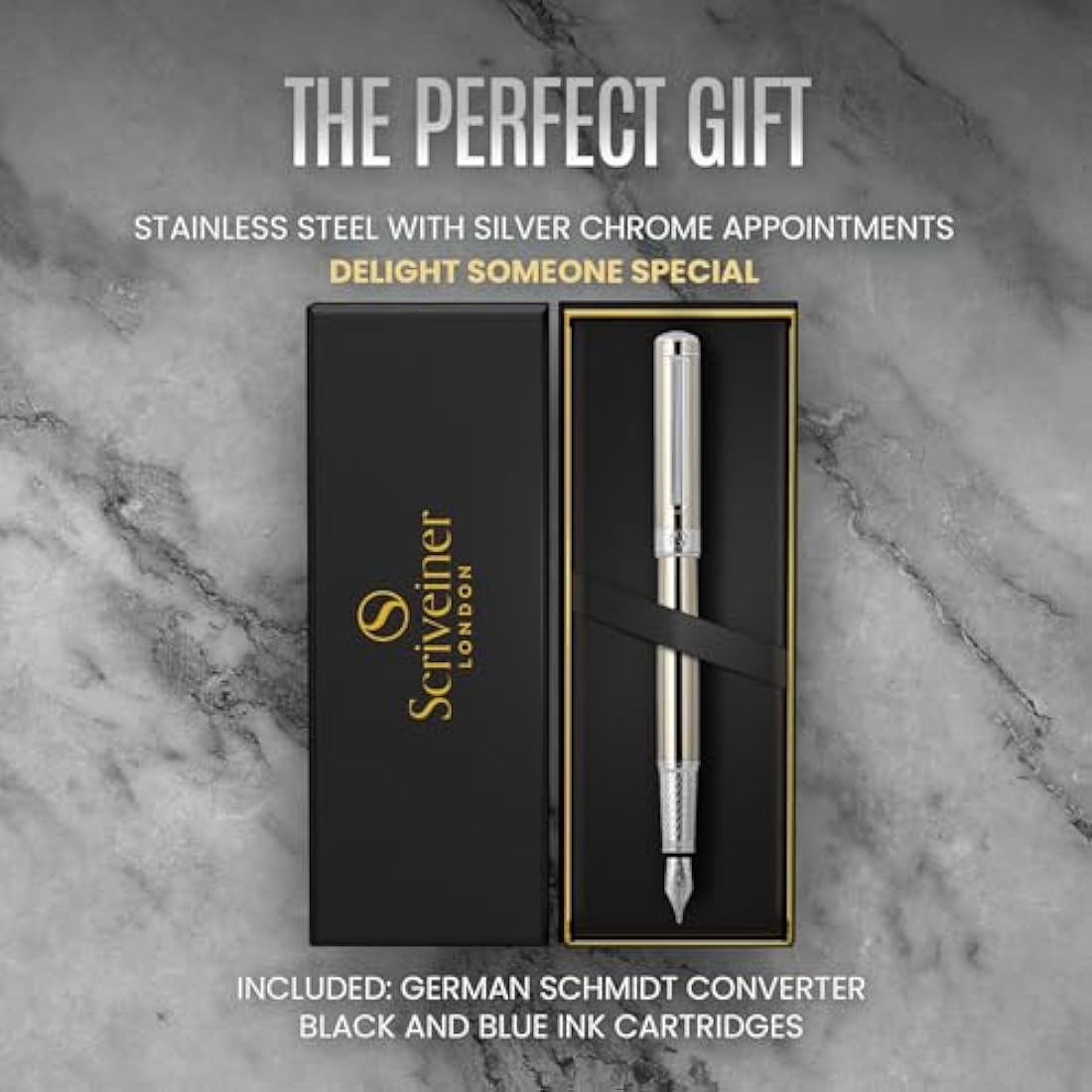 Scriveiner Stainless Steel Fountain Pen - Stunning Luxury Pen with Steel Finish, Schmidt Nib (Medium), Best Pen Gift Set for Men & Women, Professional, Executive Office, Nice Designer Pens