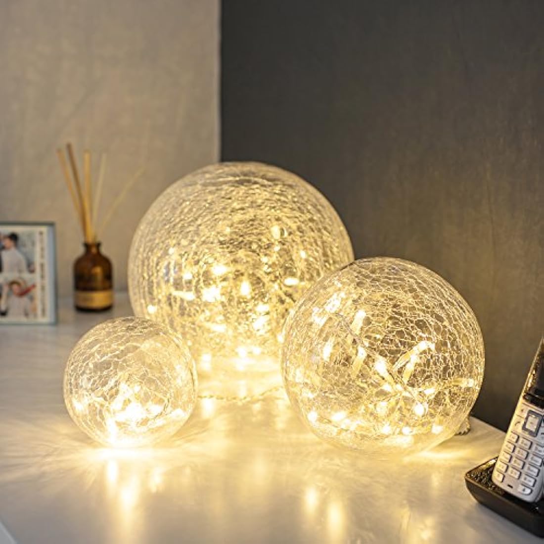 Lights4fun Set of 3 Fairy Light Orbs Crackled Glass Balls LED Lights Battery Operated Table Lamp Warm White LEDs with Timer Orbs for Bedroom Home Wedding Decor & Party
