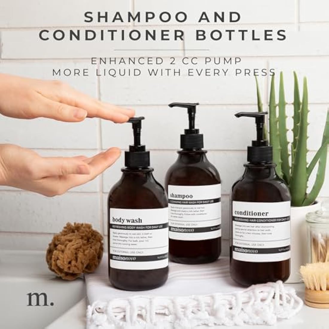 MaisoNovo Refillable Shampoo and Conditioner Bottles - Set of 3, 500ml Amber Plastic Bottle and Black Pump - Shampoo and Conditioner Bottles with Labels - Shower Gel Dispenser