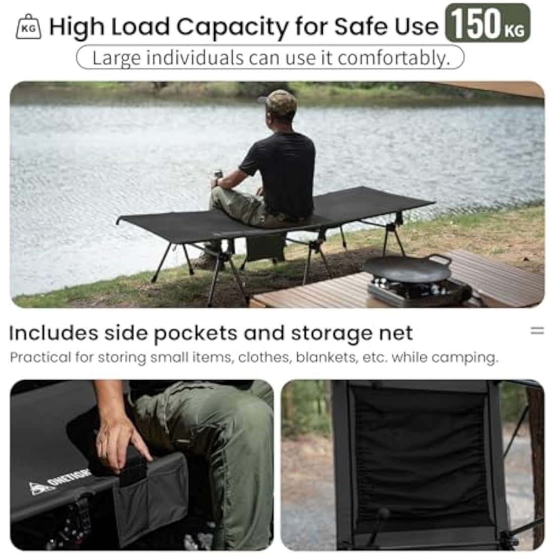 OneTigris SUPRANUBIS Camping Cot, Height Adjustable with Cot Leg Extenders, Strong Support 330lbs, Portable Folding Bed for Camping, Hiking, Travel, Truck, Beach, Office Nap (Black)
