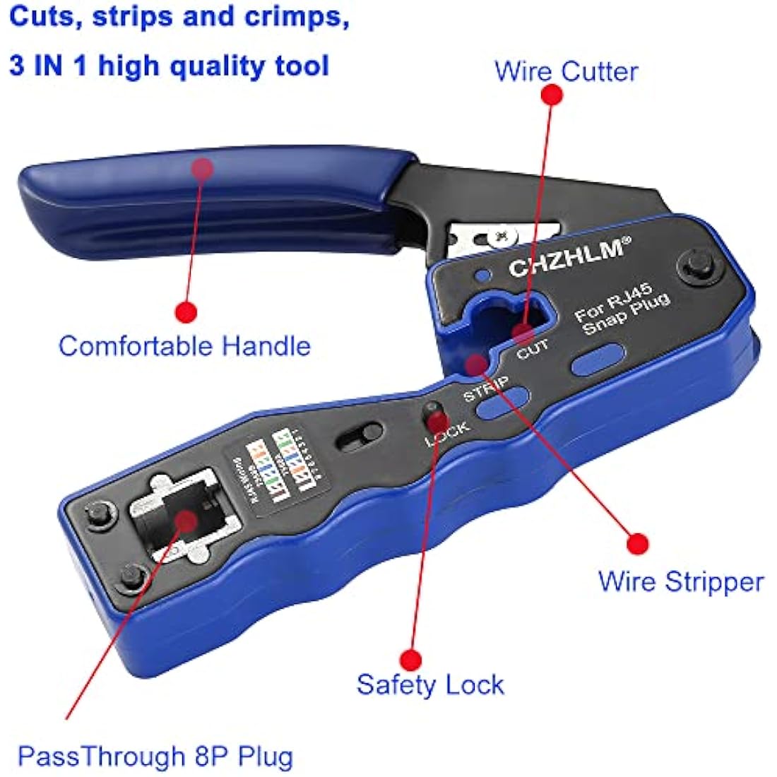 CHZHLM Rj45 Crimp Tool Kit Pass Through Crimping Tool Crimper Cutter for Cat6 Cat5 Cat5e with 50PCS Connectors Mini Wire Stripper Cable Tester and Plier