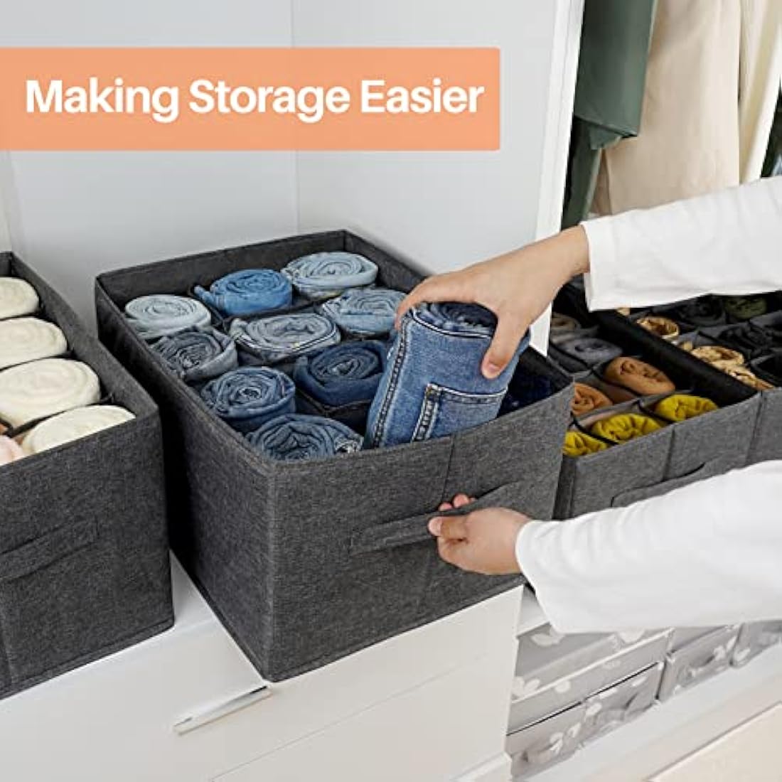 EASEVE 4 Pack Wardrobe Organiser Clothes Storage Boxes - 12 Cell Foldable Closet Shelf Drawer Dividers for Cupboard Organizer, Stackable Clothing Box for Jeans, Trouser, Pants, T-shirt, Sweater
