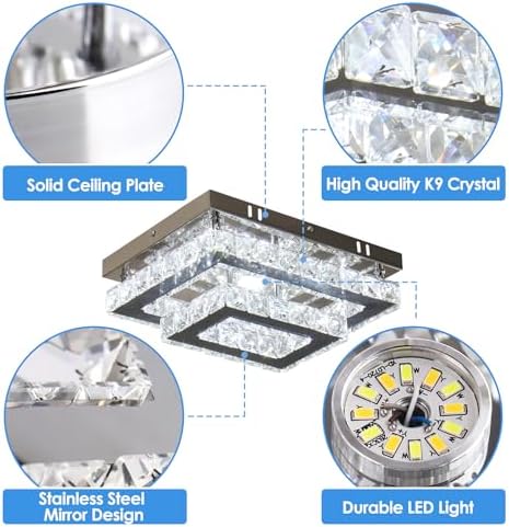 Finktonglan Crystal Ceiling Light Modern Flush Mount Rectangular LED Ceiling Lamp K9 Stainless Steel Ceiling Lights Fixture Chandelier for Living Room Bedroom Dining Room(Cool White)