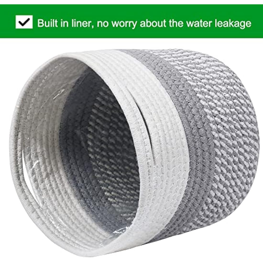tenn well 20cm Plant Pot with Liner, Cotton Indoor Planter Woven Storage Basket for Indoor Plants Flower Pot and Home Decoration (White and Grey)