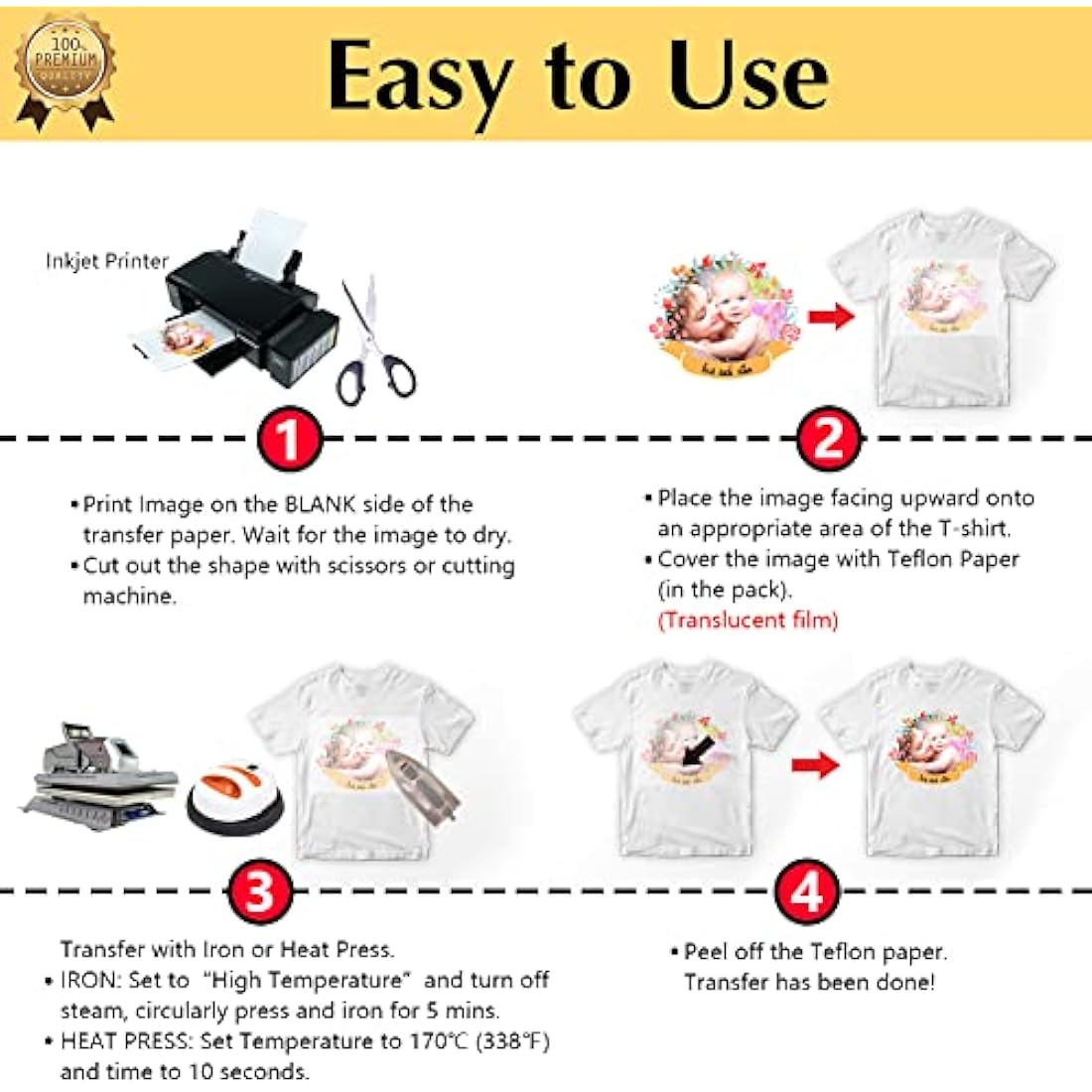 TransOurDream Tru-Transfer Paper - 100 Sheets A4 Inkjet Heat Transfer Paper Iron On Transfer Paper 2.0 for White and Light T Shirts Fabrics NO Mirror Print,Easy to Use (TRANS-2-100)