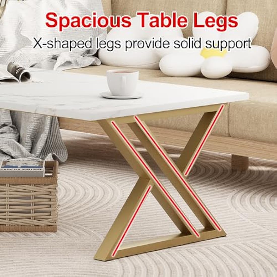 Coffee Table, Living Room Table, Center Tea Tables, Rectangular Tea Tables, End Side Desk with Gold Metal Frame for Living Room Bedroom Office, Modern Open Design, 39.3 x 18.9 x 17.7 IN, White/Gold