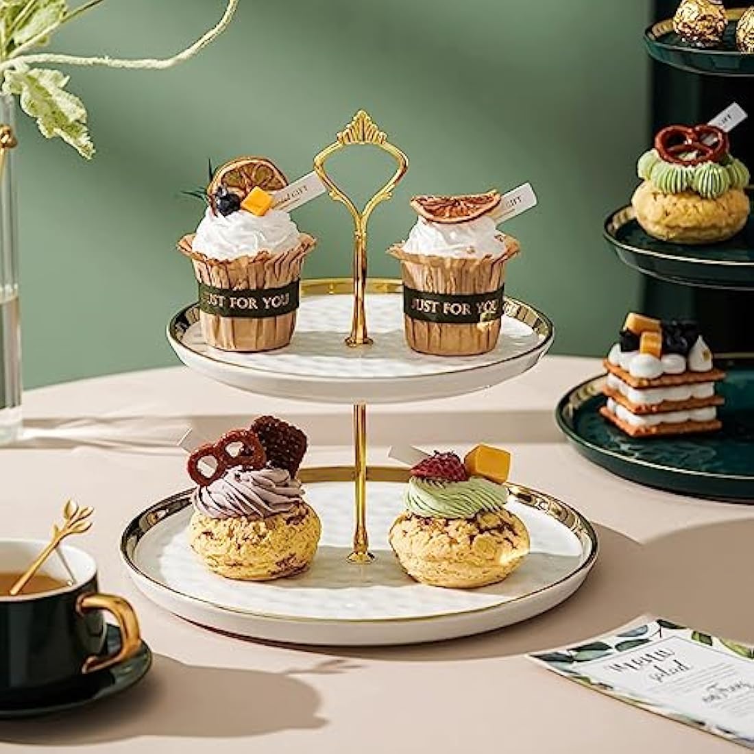MEETOZ 2 Set of Round Porcelain Tiered Cupcake Stand, Dessert Plates Stand Tiered Serving Trays with Gold Rod,3 Tiers and 2 Tiers Cake Stand Party Serving Trays Fruit Pastry Holders(White)