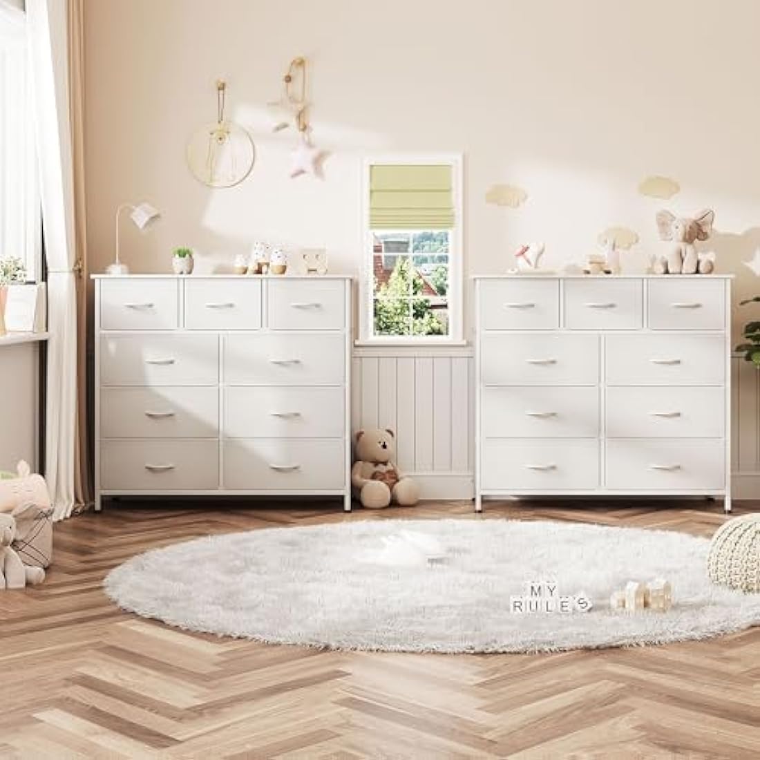 CAIYUN Chest of Drawers,Dresser for Bedroom with 9 Drawers,Fabric Dresser with Wood Top and Large Storage Space, Easy to Assemble, for Bedroom, Living room, White
