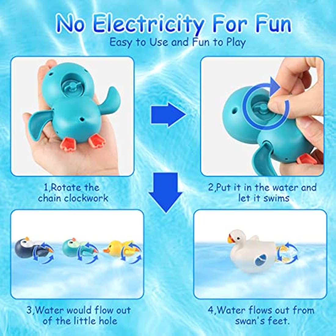 BelleStyle Baby Bath Toys, Wind Up Bathtub Toys Paddling Pool Toys Swimming Floating Duck Penguin Swan Clockwork Water Toys for Kids Toddlers Boys Girls 4 Pieces