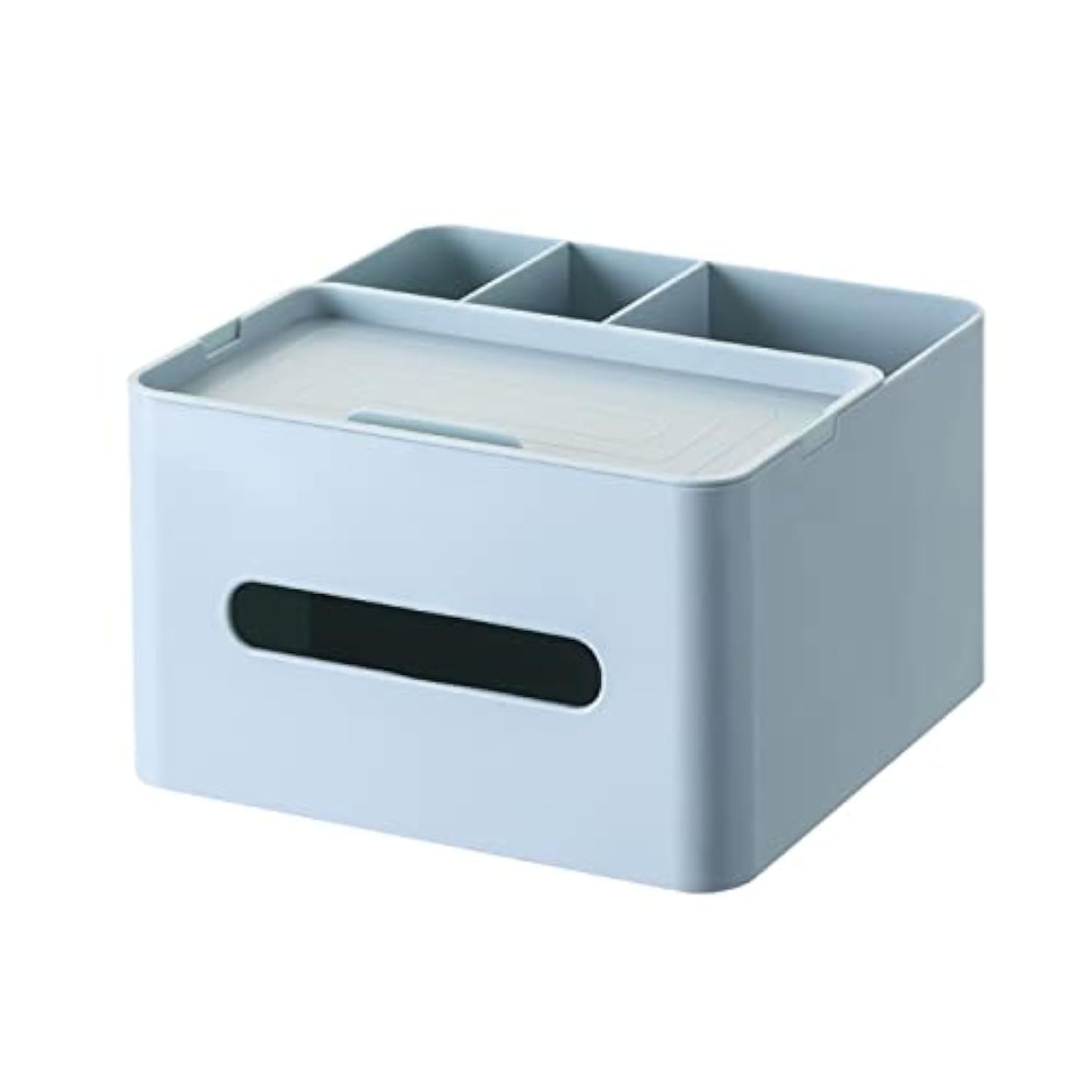 HornTide 5-in-1 Tissue Box 20cm Multifunction Countertop Organizer 3x Compartments 1x Tray Boutique Stationery Storage Caddy HIPS Plastic (Blue)