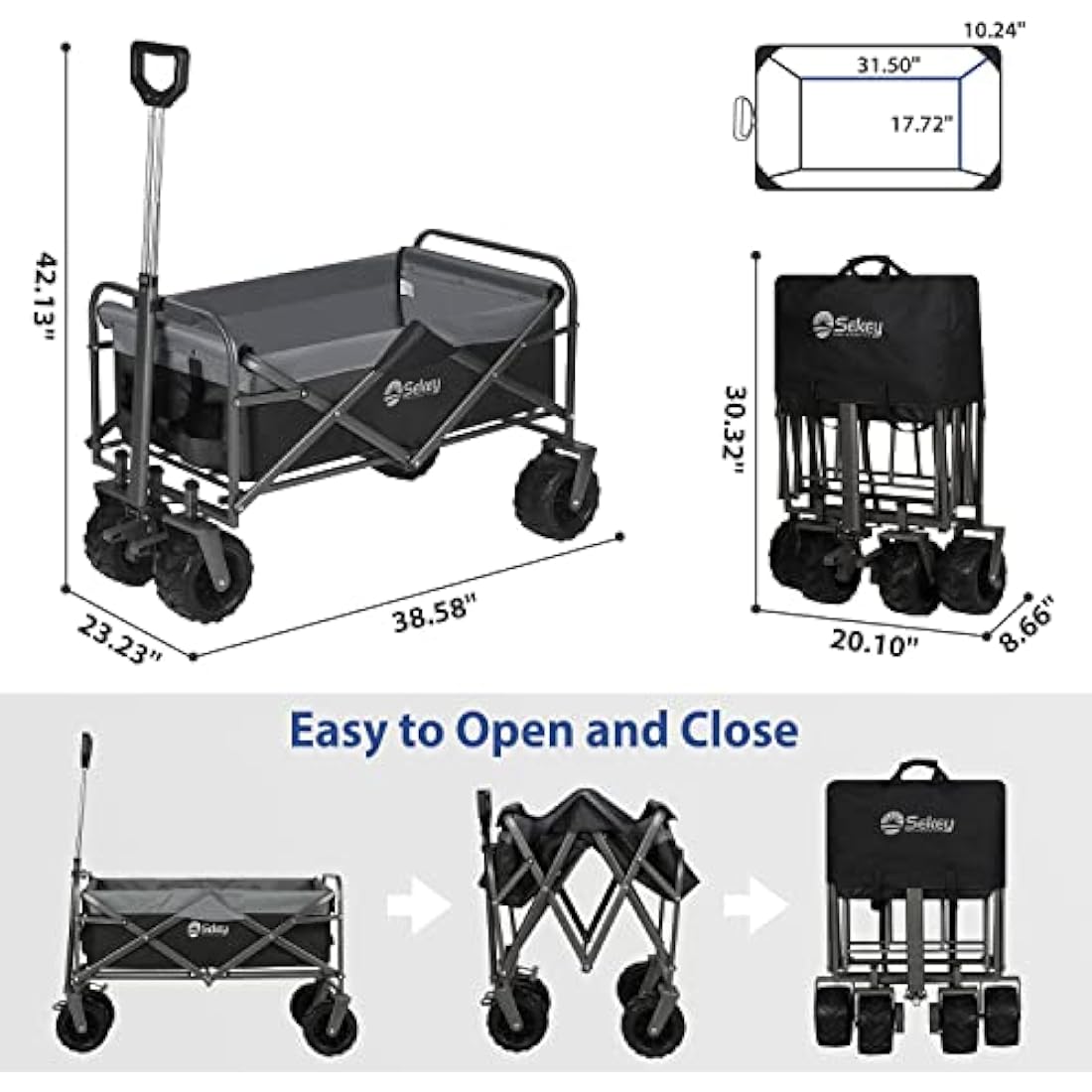 Sekey Folding Festival Trolley with Wide All-Terrain Wheels, 440LB Large Load Capacity, Heavy-Duty Camping Wagon with Brake, Sturdy Beach Garden Cart, Adjustable Handles & Drink Holders, Black & Grey