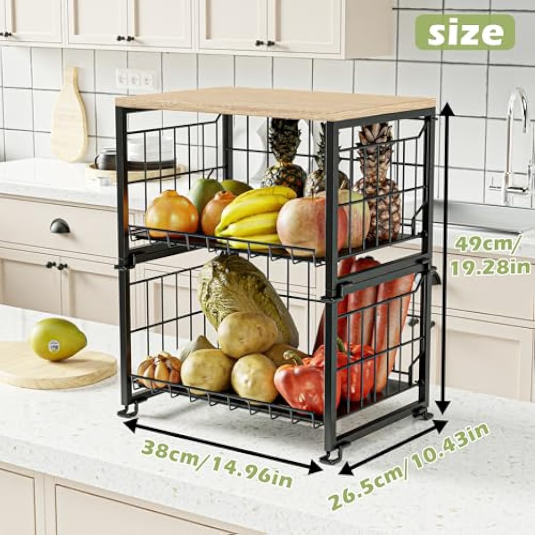 UMDONX Fruit Rack,Kitchen Countertop Wire Storage Basket,Vegetable Rack,Fruit and Veg Storage 2 Layers (Black)