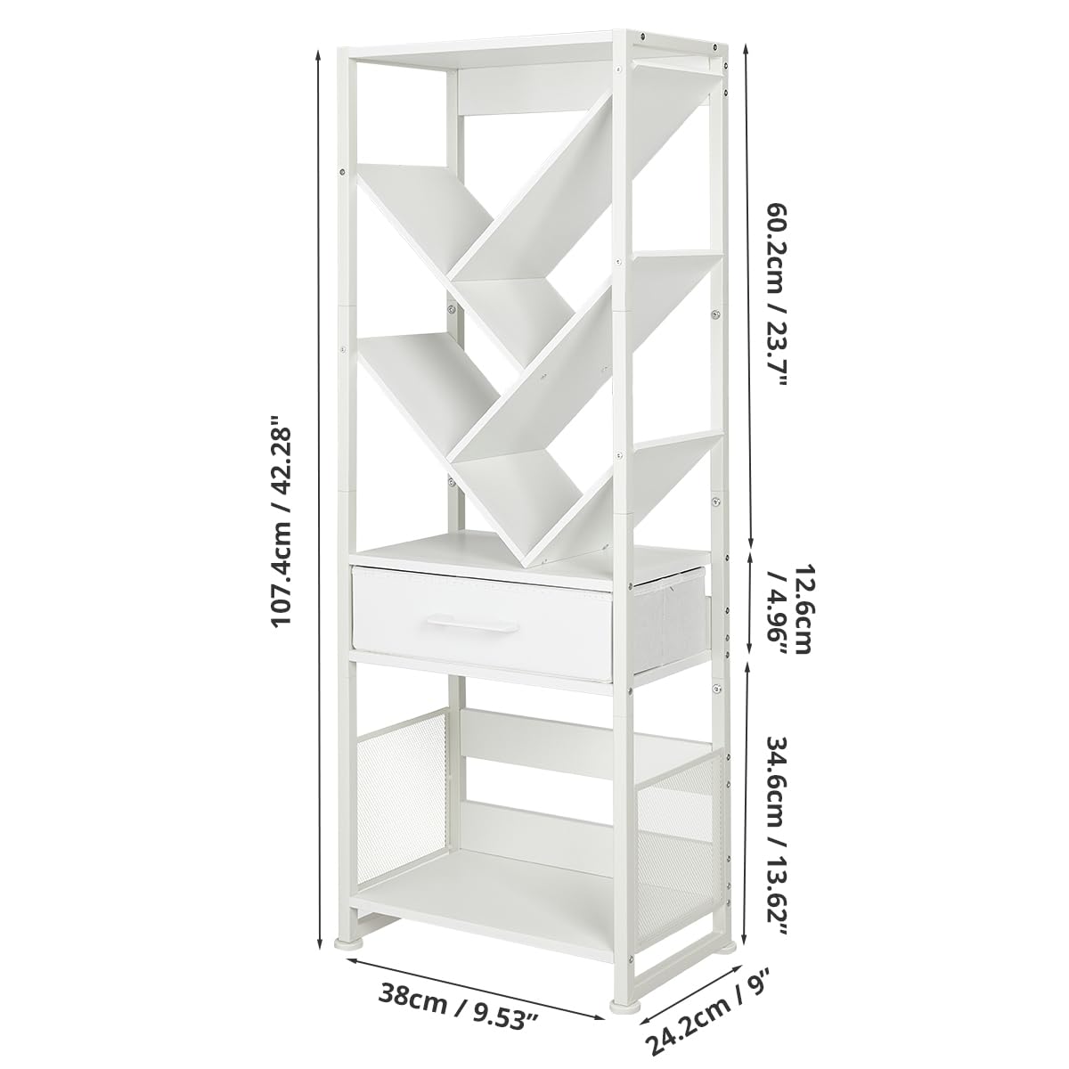 ruboka Tree Bookshelf with Side Table, Tall Bookcase with Storage Cabinet, Floor Standing Modern Narrow Bookshelves Organizer for Bedroom/Living
