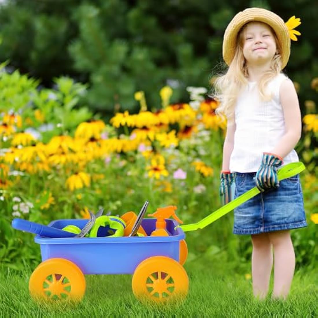 deAO Pull along Kids Wagon Wheelbarrow and Gardening Tools Play Set Includes 10 Accessories and 4 Plant Pots
