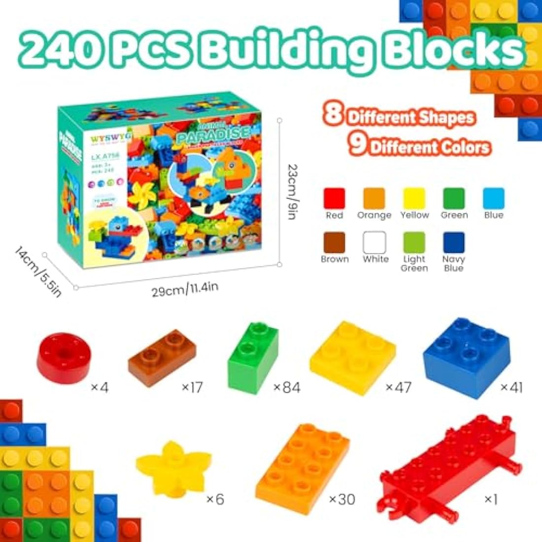 WYSWYG Classic Big Building Block Set, Large 240 Pieces Building Bricks, Compatible with All Major Brand Bulk Bricks, Toddler STEM Toys for Boys Girls Age 3 4 5 6 Years Old