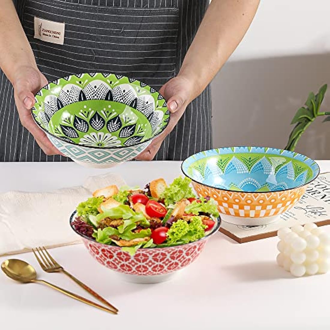 Ramen Bowl Set Pho Bowls- Porcelain Noodle Bowl Sets for Kitchen 35 oz - Colorful Ceramic Bowls for Serving Cereal | Miso Soup | Salad | Pasta | Noodles- Microwavable and Dishwasher Safe - Set of 3