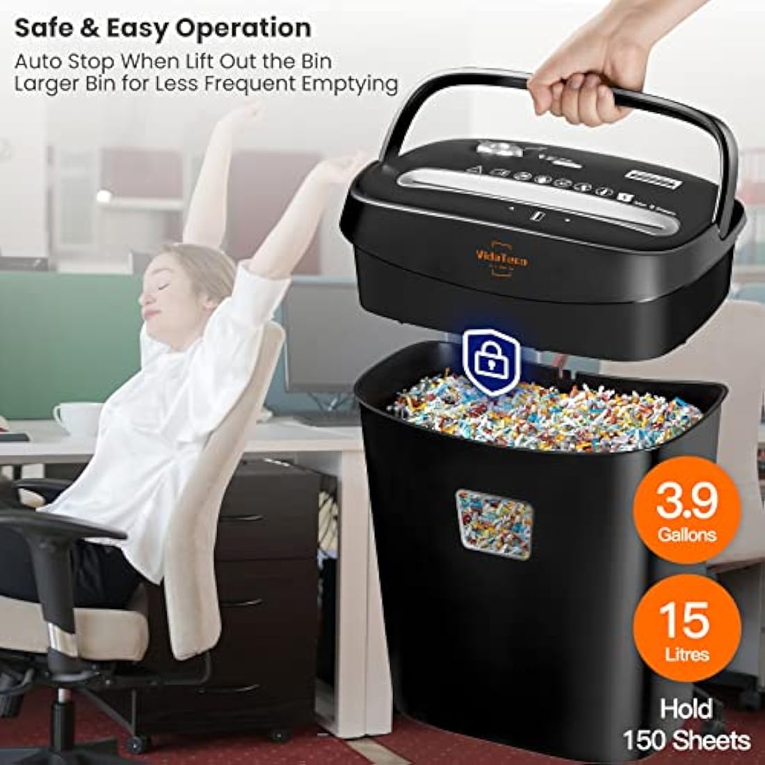 VidaTeco Micro-Cut Paper Shredder 10-Sheet Shreds Paper/Card/Staple/Clip Paper Shredder for Home Office Security Level P-4 Jam Proof System 15L Pullout Basket