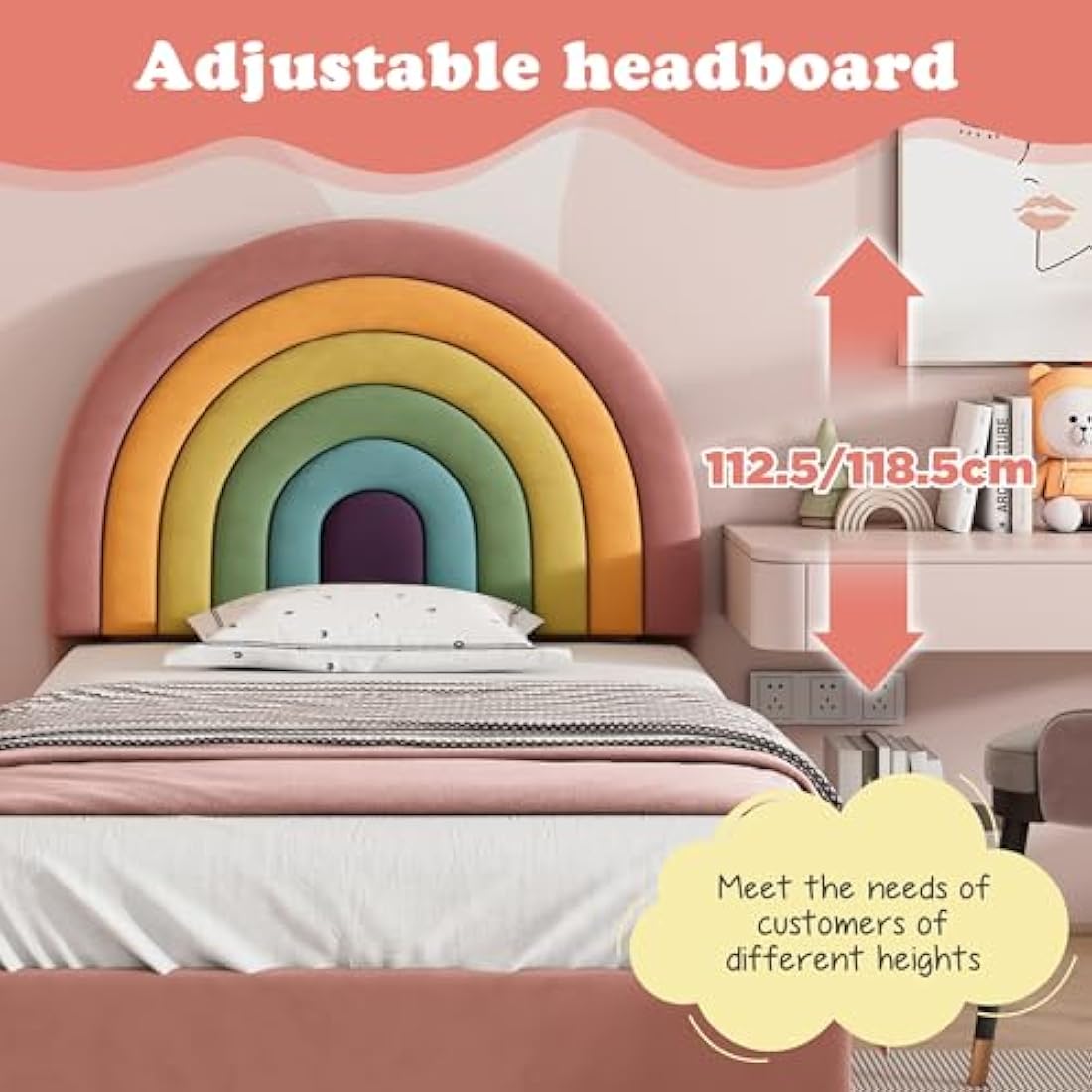 BTM Upholstered Bed 90 * 190cm, Velvet Single Bed Frame with Slatted Frame and Height-adjustable Headboard for Teenagers and Kids, Wooden Slat Support, No Mattress