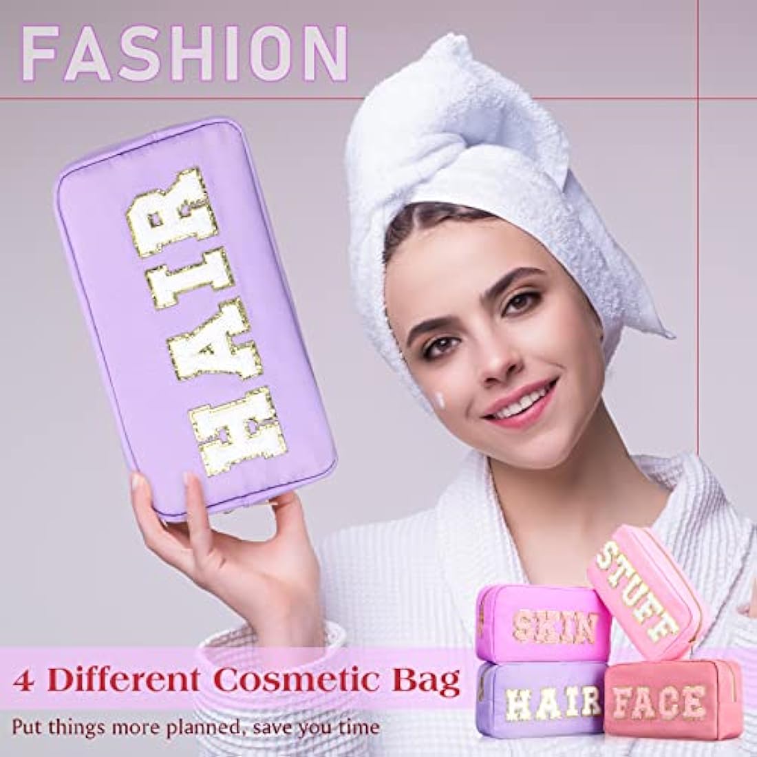 4 Pcs Preppy Makeup Bag Chenille Letter Nylon Cosmetic Bag Makeup Organizer Bag Toiletry Cosmetic Case Preppy Bag with Zipper Stuff Bag Cosmetic Pouch Makeup Pouch for Women Teen Girl, Mixed Colors