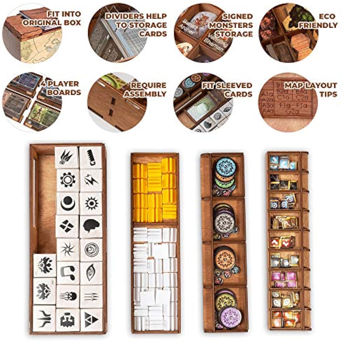 SMONEX Wooden Organizer and Four Player Boards Compatible with Gloomhaven Board Game - Box Suitable for Storage All Gloomhaven Expansions - Insert and Storage