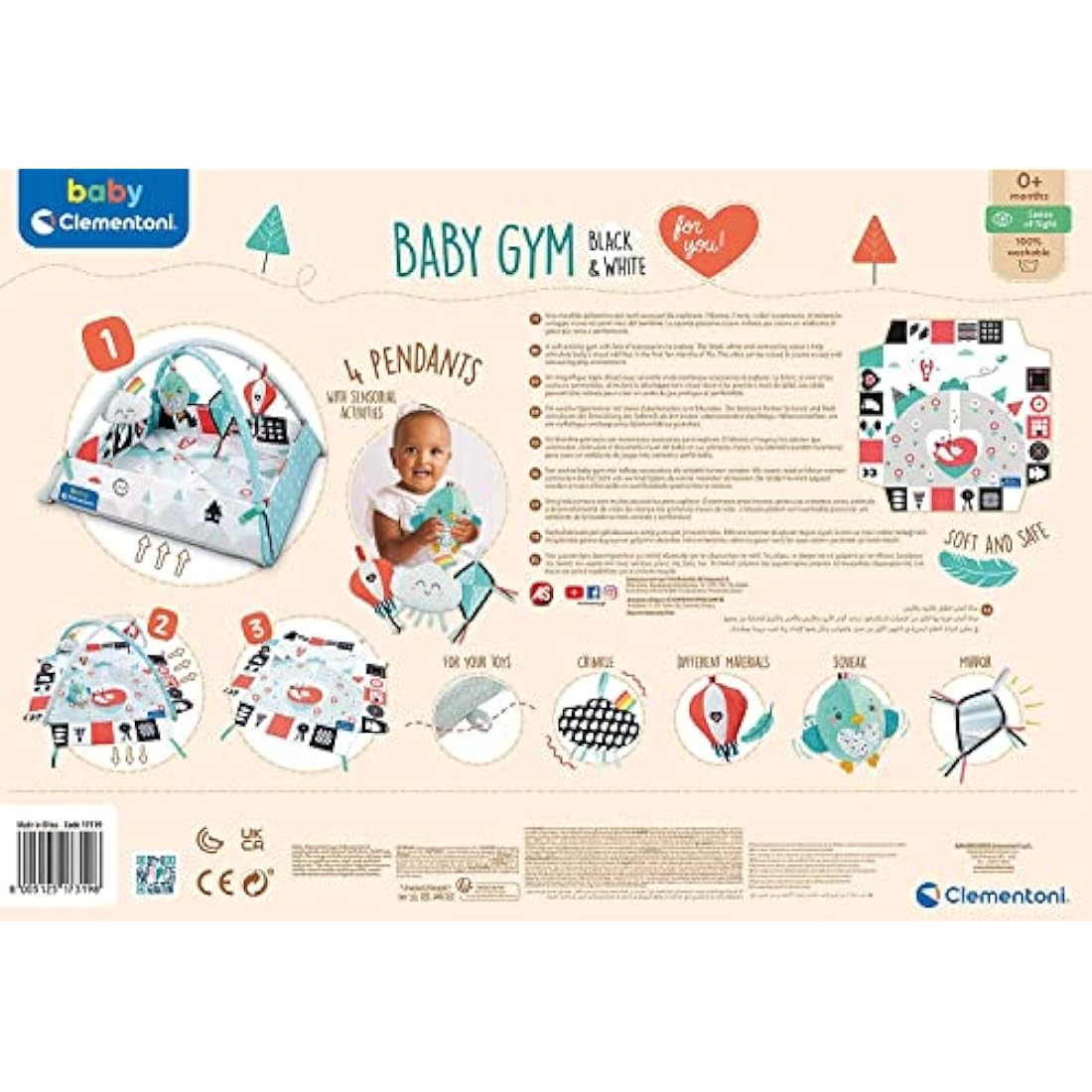 Clementoni 17319, Black And White Musical Play Mat For Babies With Soft Toys, 0 Months Plus