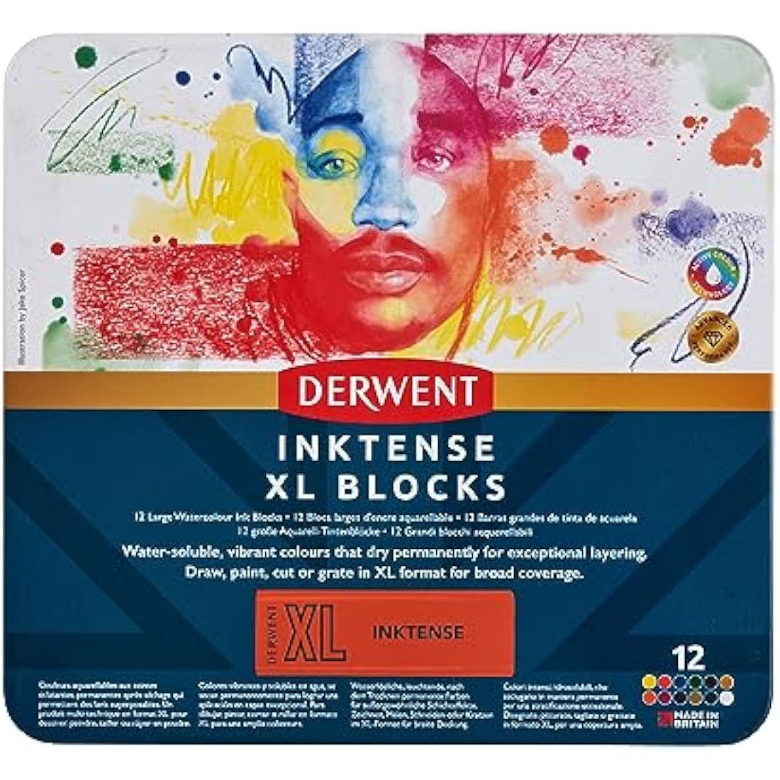 Derwent Inktense XL Blocks 12 Tin, Set of 12, 60mm Extra-Large Block, Water-soluble, Ideal for Sketching, Drawing and Expressive Mark Making, Professional Quality, 2306162