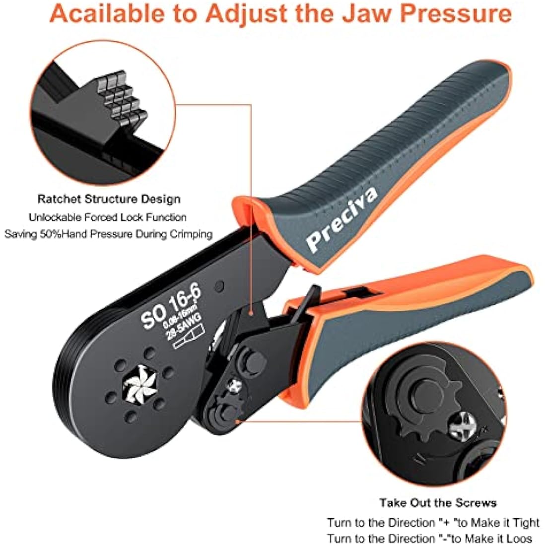 Preciva AWG 28-5 Hexagonal Crimping Pliers - Self-Adjustable Ratchet Crimping Tool for Ferrule Sizes 0.08-16mm²