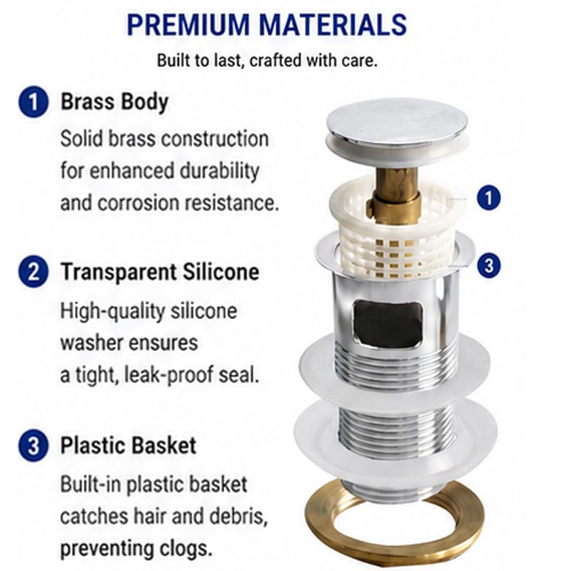 WaiiHO 021 Basin Drainer with Overflow, Brass, Chrome Finish, with Drain Basket, G1 1/4
