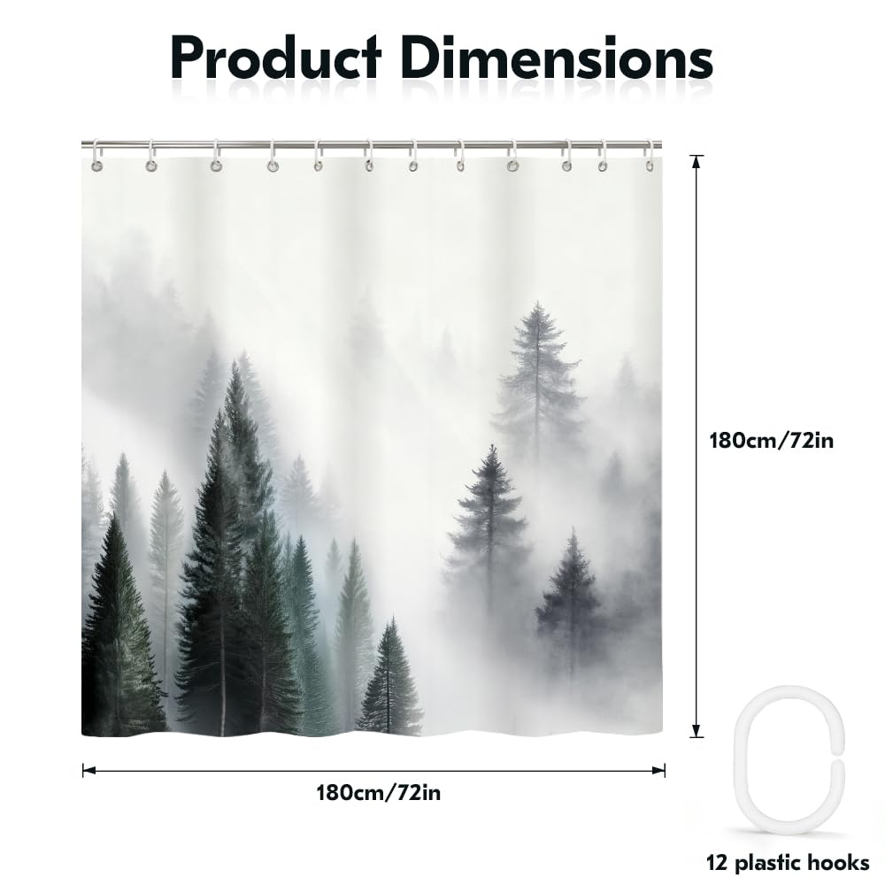 Rohxyzo Washable Shower Curtain with Hooks, Wet Room Shower Curtain 180 x 180 cm, Ink Art Misty Forest Print