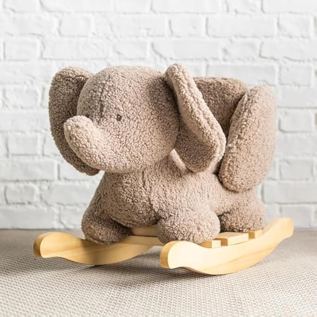 Nattou Wooden Rocker, Fully Padded Seat, Side Supports, Safety Belt, Handles For Small Hands, PETA-Approved Vegan, Soap-Water Cleaning, Super Soft Teddy Fabric Material, 10-36 Months, Taupe Elephant