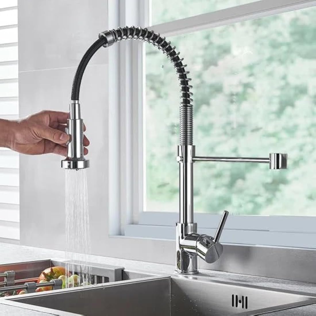 Modern Mono Kitchen Mixer Tap Dual Spout & Pull Out Spray Single Lever Chrome 360° Swivel Spout 2-Modes Spray Faucet Water Tap