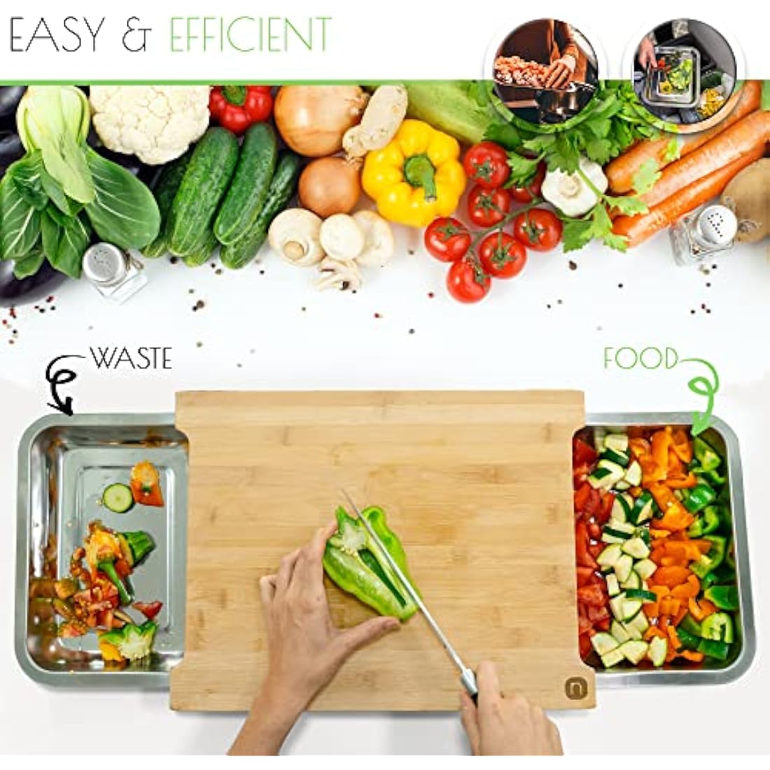 Naturlik Chopping Board Made of Bamboo Wood with 2 Magnetic Pull-Out Trays | Practical Kitchen aid: Waste to Left – Food to The Right