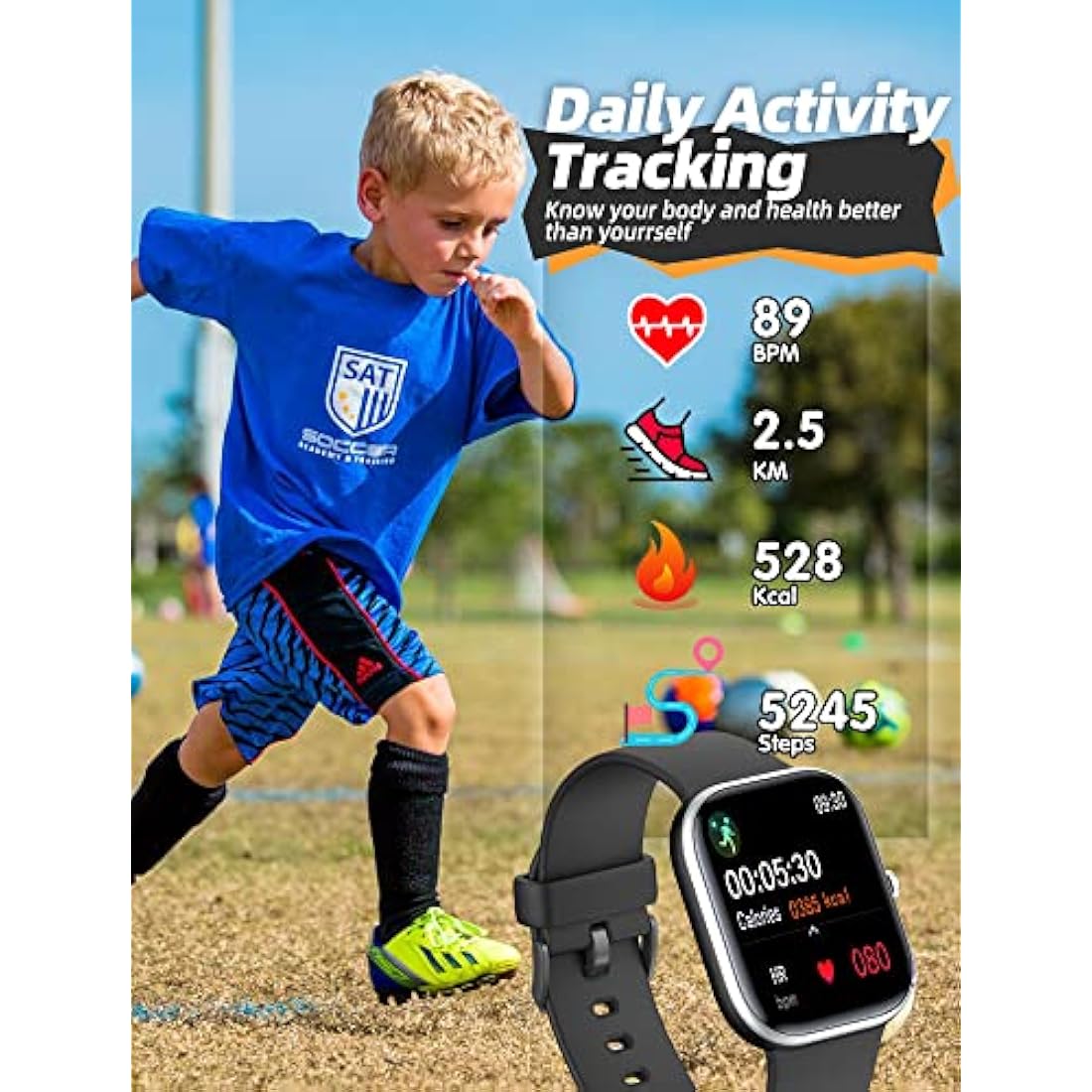 Slothcloud Kids Smart Watch for Boys Girls,IP68 Waterproof Fitness Activity Tracker Watch,Heart Rate Sleep Monitor,8 Sport Modes,Pedometers,Calories Counter,Alarm Clock,Kids Gifts Teens 5+ (Black)