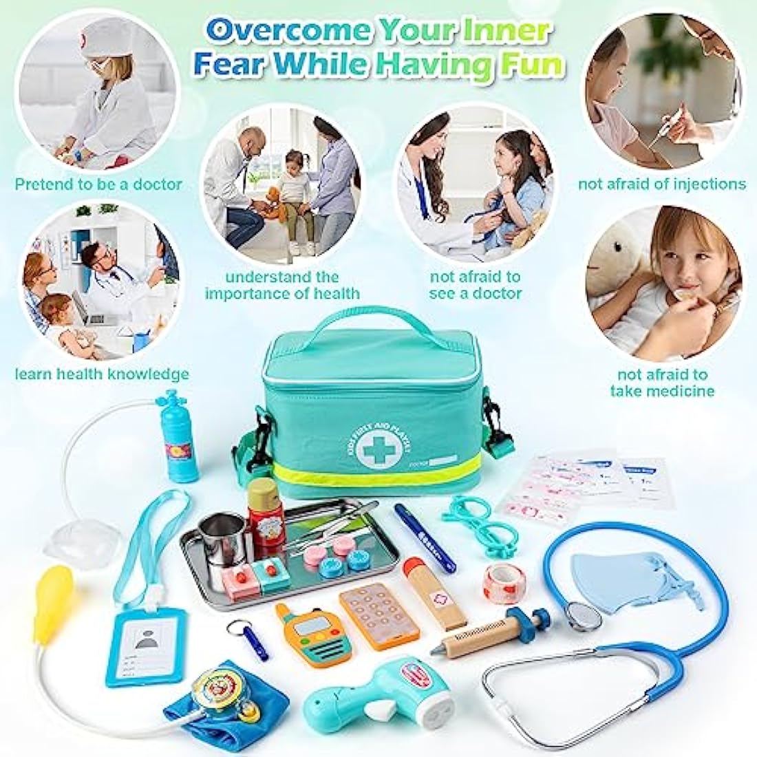 Sundaymot Kids Doctors Wooden Kit, 34 Pcs, with Real Stethoscope, Portable Doctors Bag, Pretend Role Play Medical Kit Toys for 3-6 Year Old Toddlers