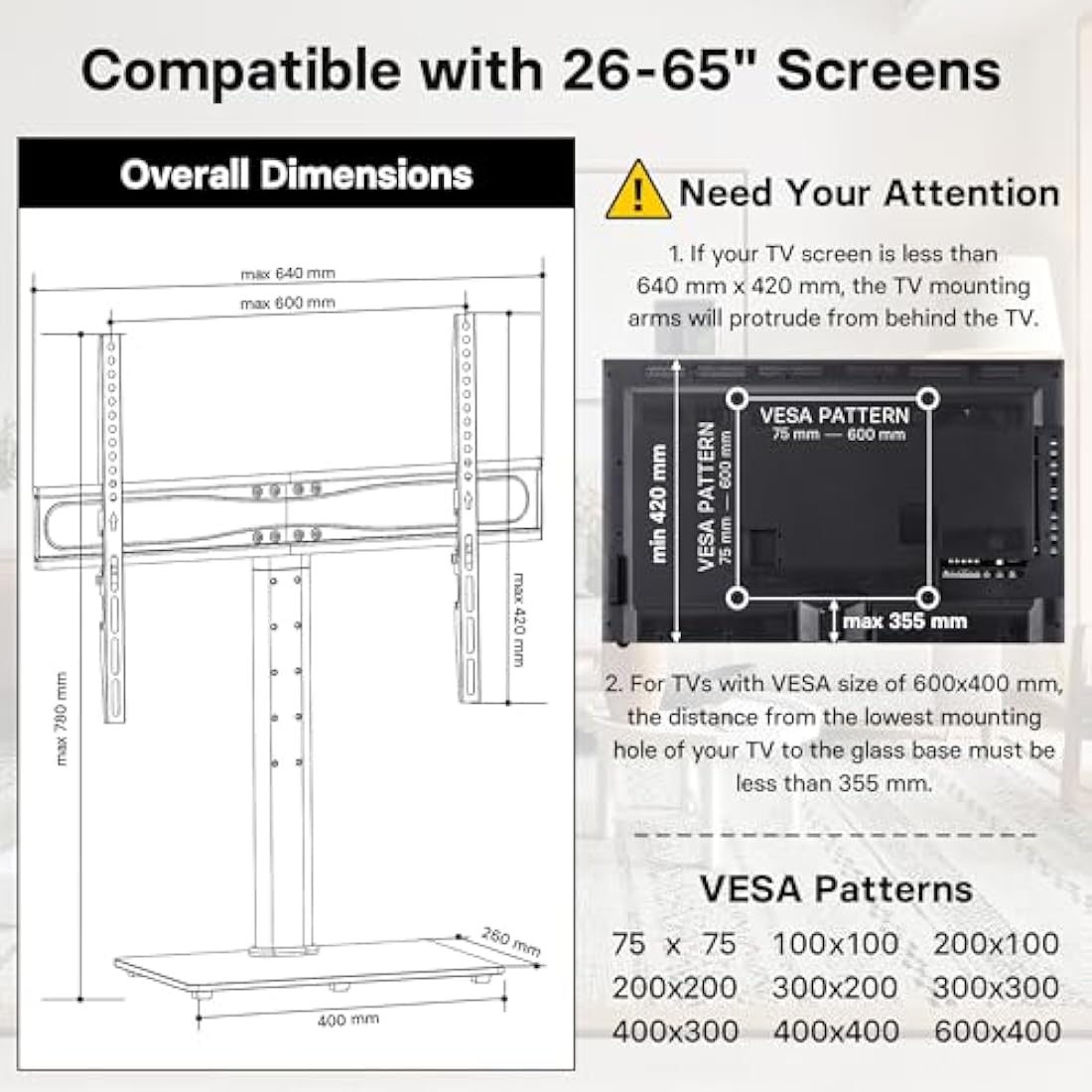 BONTEC Universal Table Top Pedestal TV Stand with Bracket for 32-65 inch LCD/LED/Plasma TVs, Height Adjustable TV stand with Tempered Glass Base & Cable Management, Holds 45 KG & Max.VESA 600x400mm
