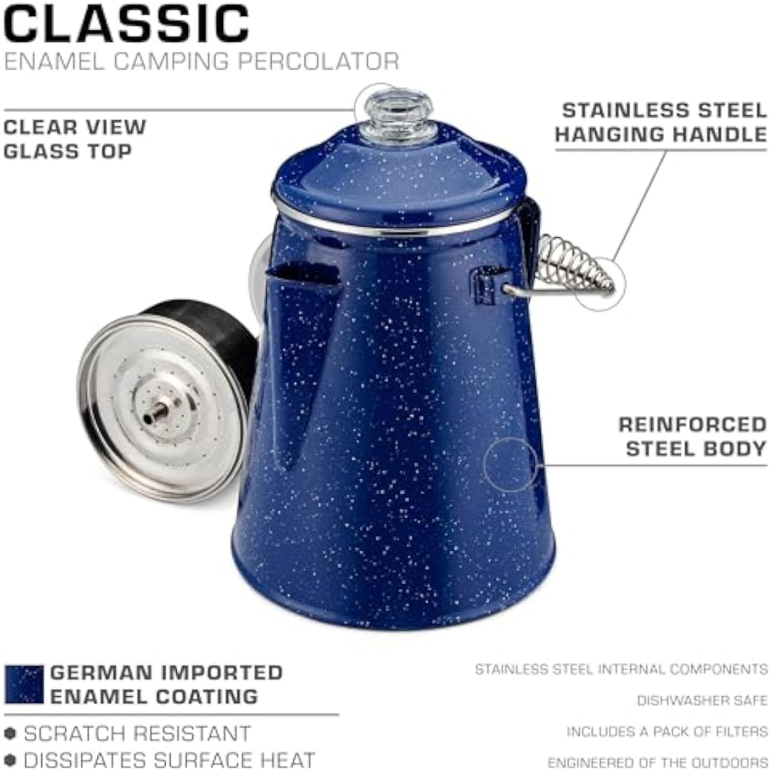 COLETTI Classic Coffee Percolator — Cowboy Coffee Pot, Stovetop Coffee Maker – For Campsite Brewmasters Everywhere [Blue Enamel, 12 Cup]
