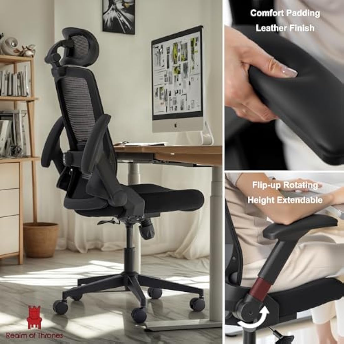 Realm of Thrones VALOUR Ergonomic Office Chair for Home, Gaming Desk Chair, 3D Headrest/High Back Mesh/Comfort Cushion Seat/2D Rotating Armrests/Adjustable Lumbar Support/Heavy Duty Steel Base (Black)