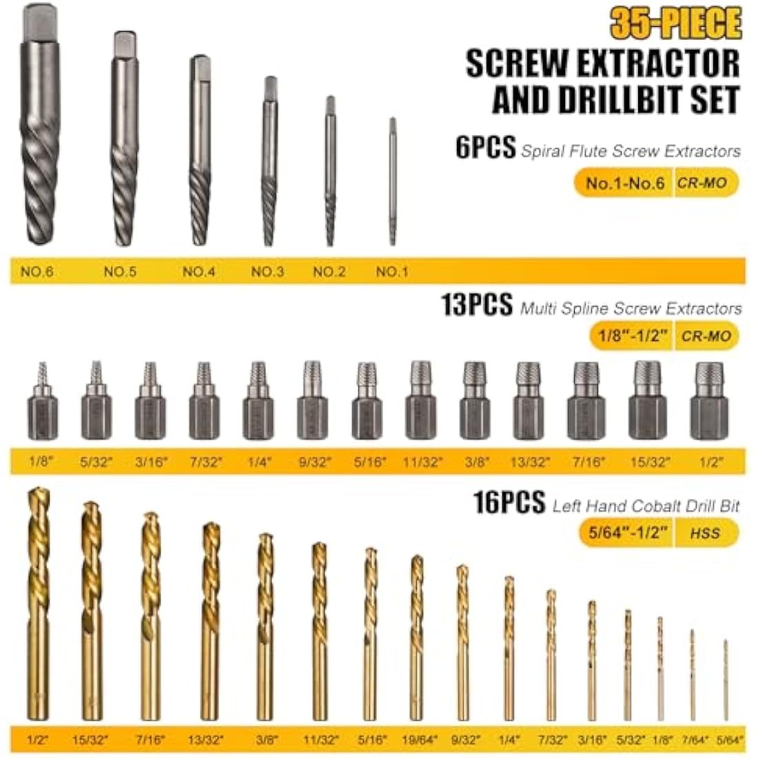 Topec 35-Piece Screw Extractor and Left Hand Drill Bits Set, Easy Out Screw Extractor Set with Reverse Drill Bits, Multi-Spline Extractors for Removing Broken Bolts and Stripped Screws