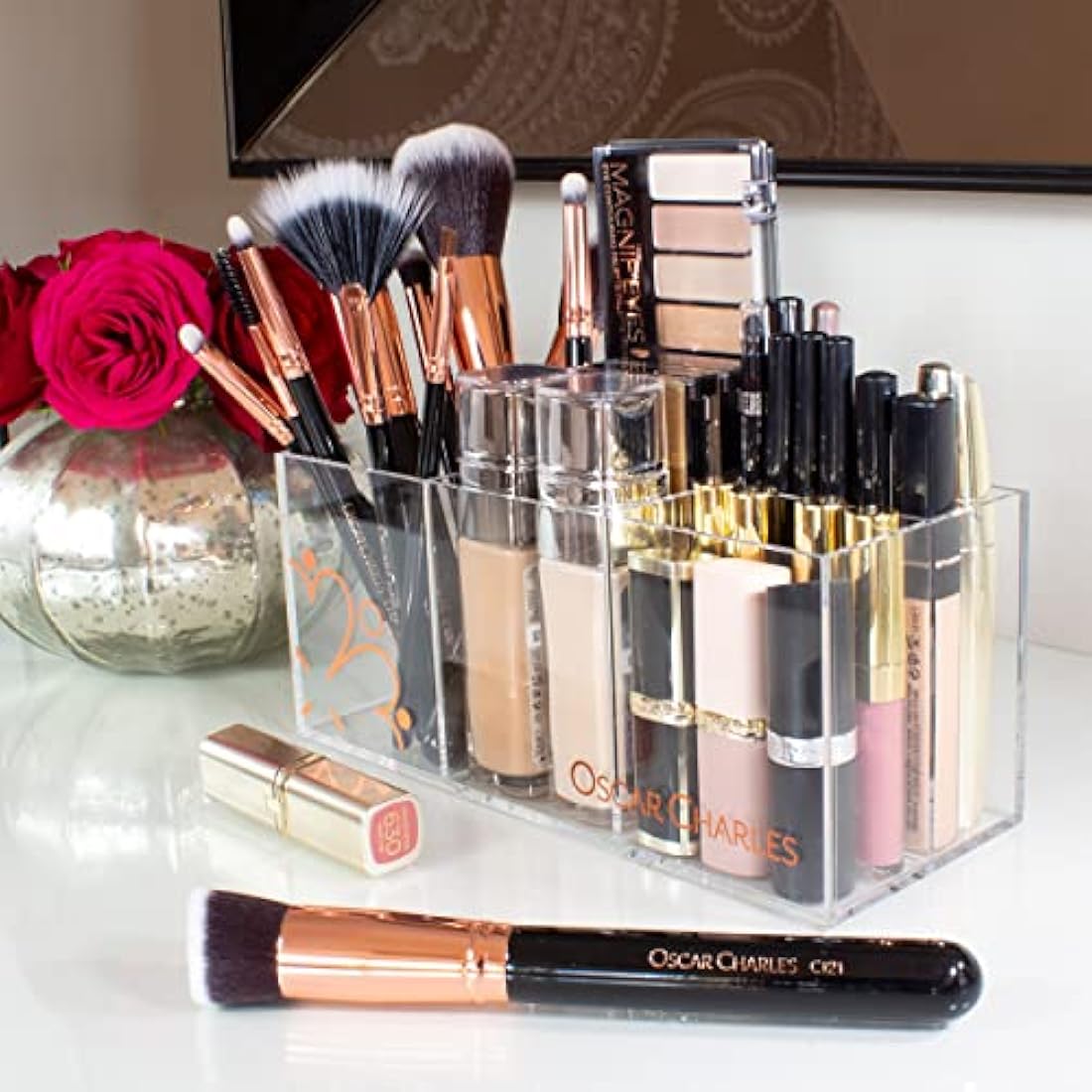 Oscar Charles Make up Brushes Set: 12 Makeup Brushes Professional Grade Fibres Including Brush Holder and Product Guide - Rose Gold