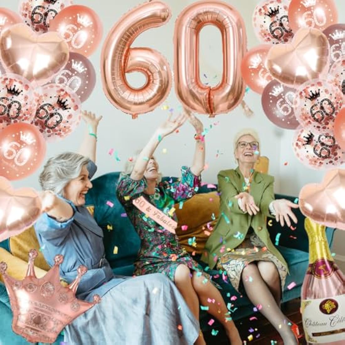 Rose Gold 60th Birthday Party Decorations Set With Balloons, Banner and Triangle Flag