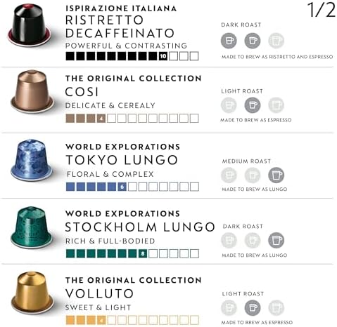 Nespresso Original Coffee Pods, 100 mix pack - 10 Ristretto, 10 Arpeggio, 10 Roma, 10 Cosi, 10 Volluto capsules and more for Nespresso machines. Make Espresso, Cappuccino & Macchiato. Recyclable Pods