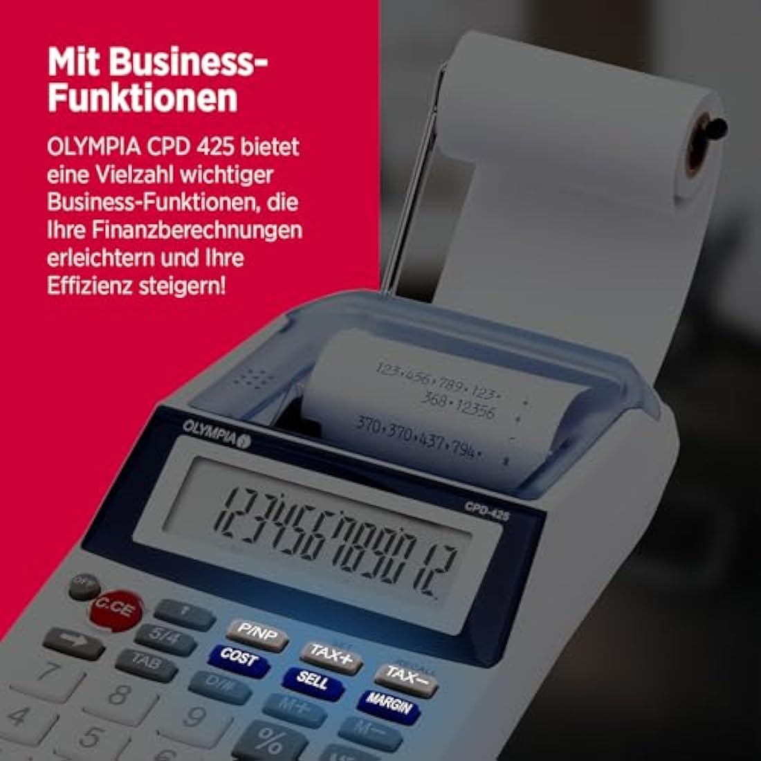OLYMPIA Business Calculator with Paper Roll, 2.5 inches LCD Display, Blue, Desktop Format, Battery Powered, Ideal for Office and Home Use